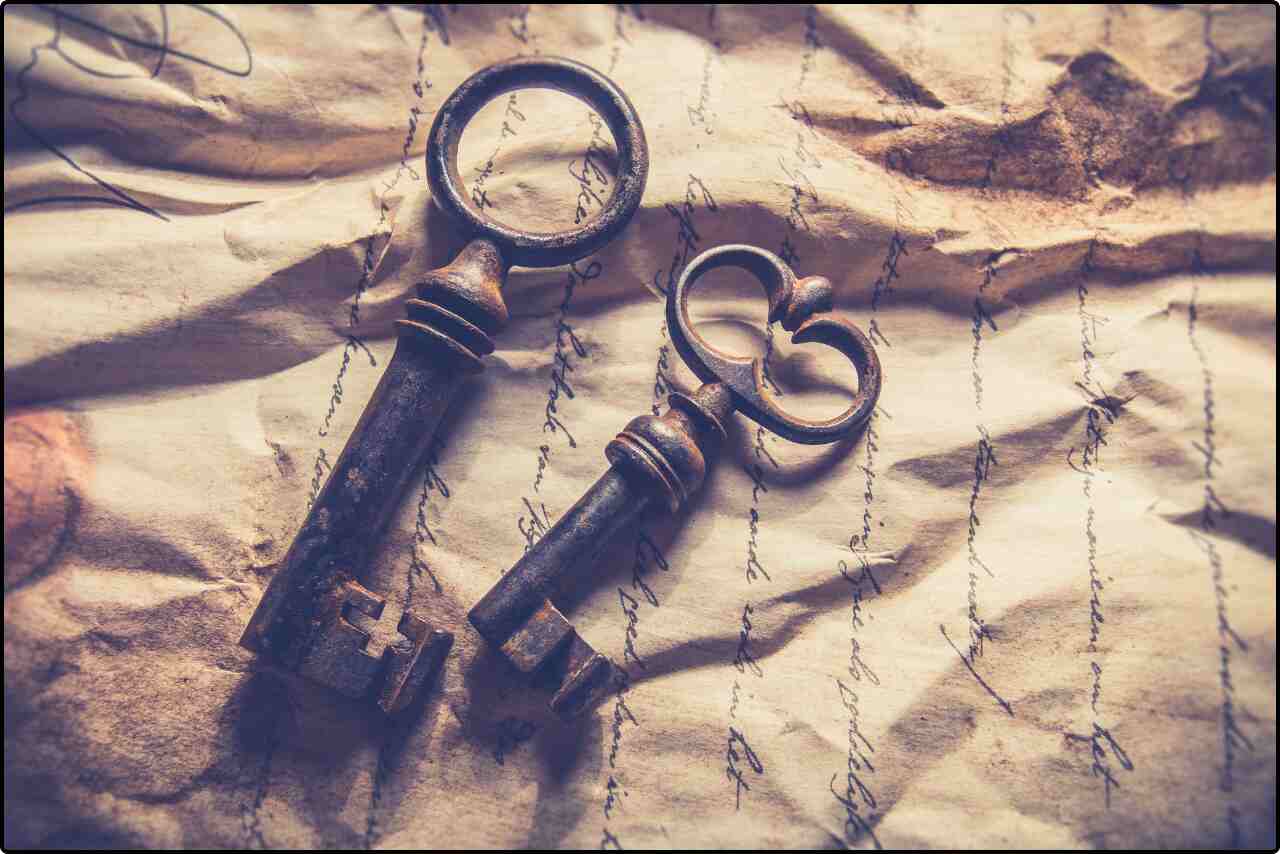 Close-up of two old skeleton keys against a textured background.